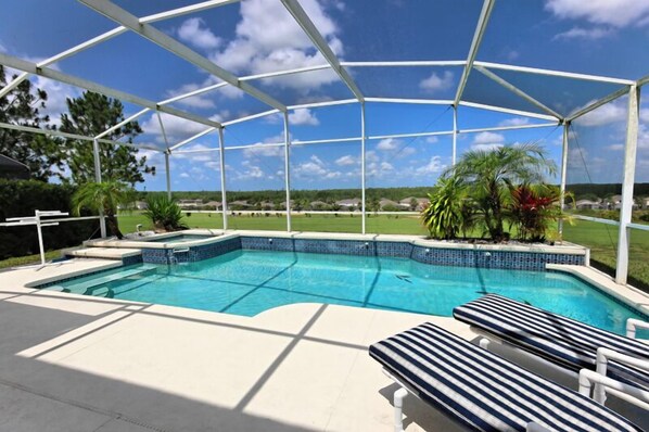 Seasonal outdoor pool, pool umbrellas, pool loungers