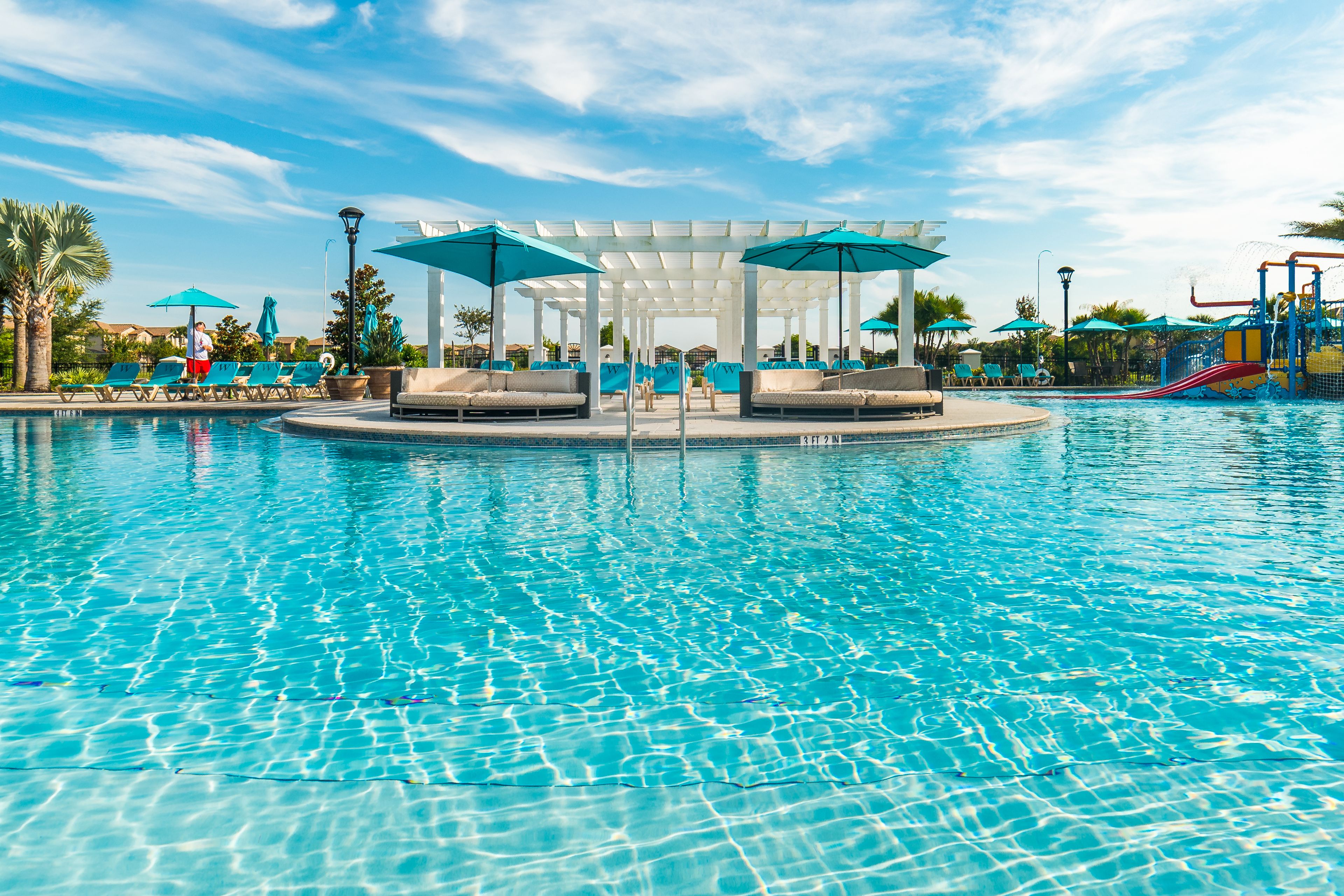 Seasonal outdoor pool, free pool cabanas, pool umbrellas