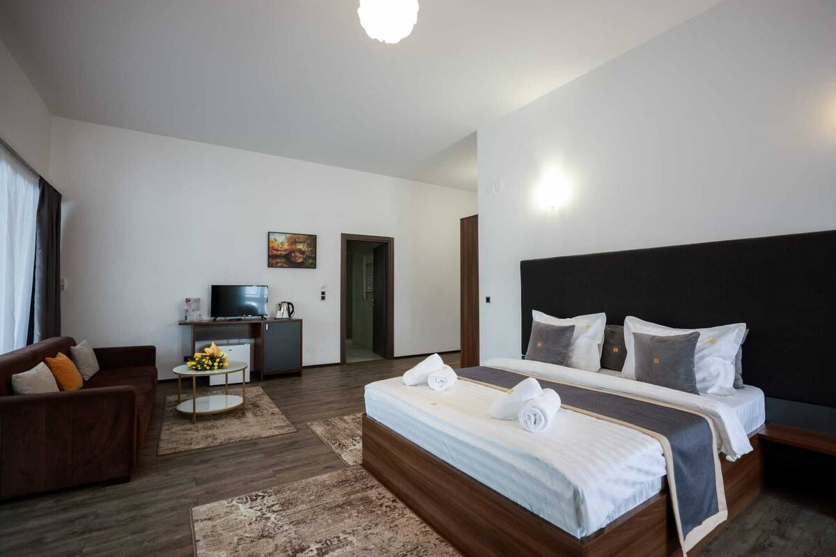 Una habitación de hotel moderna con una cama grande, un sofá, un televisor y una pequeña mesa con un jarrón de flores.