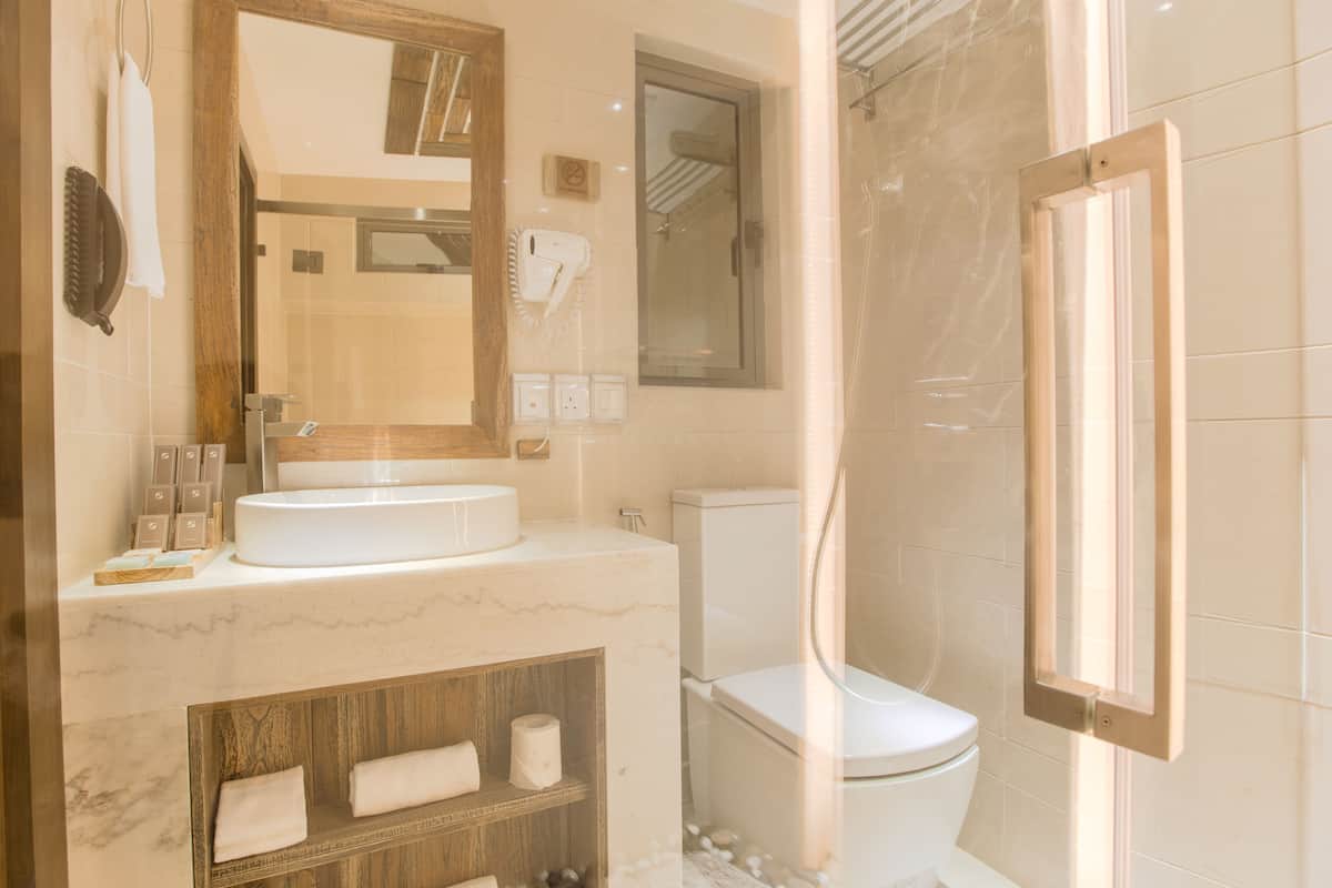 super deluxe double with ocean view, balcony, free airport transfer | bathroom | shower, rainfall showerhead, free toiletries, hair dryer