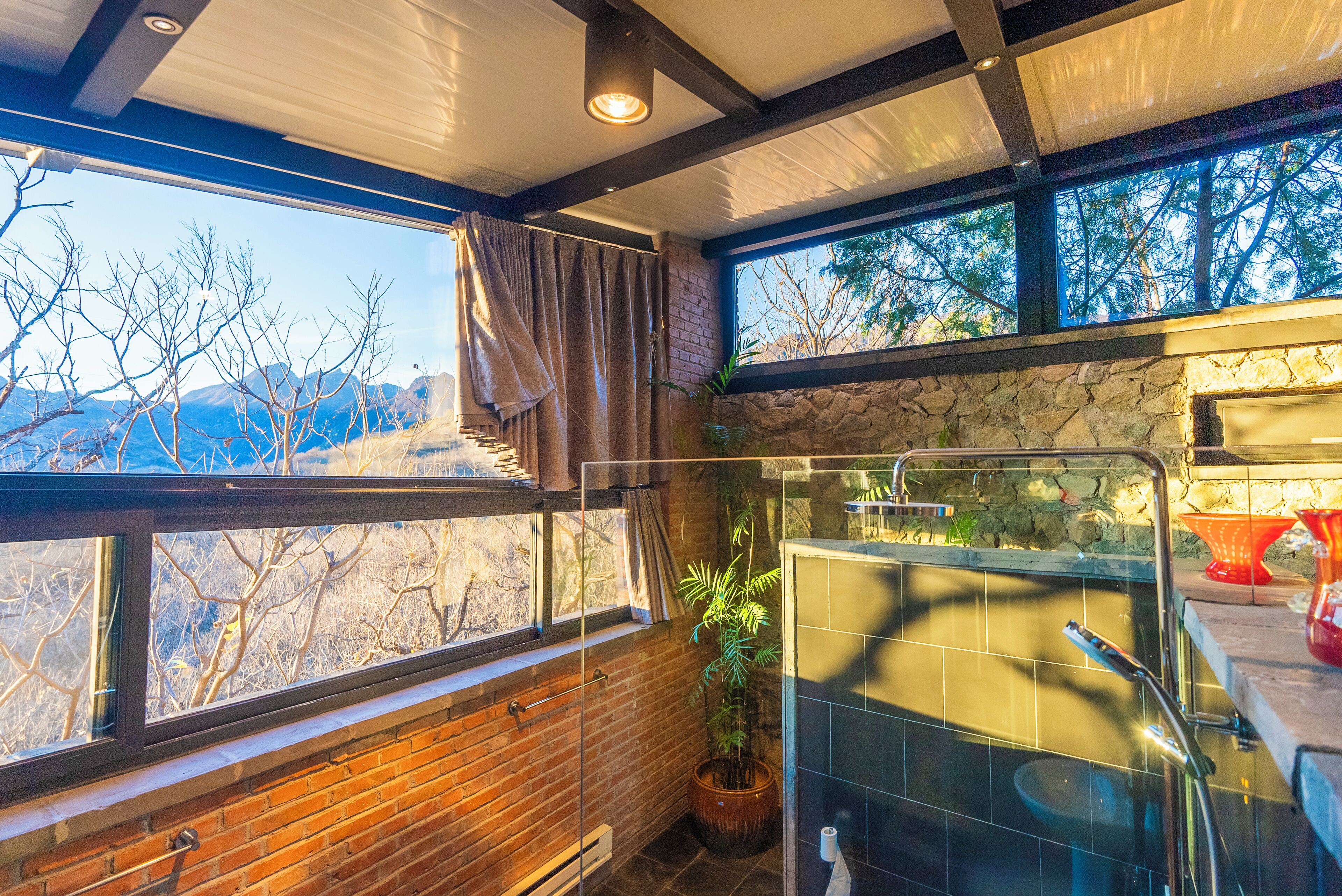 A bathroom with a large window, a potted plant, and a shower area.