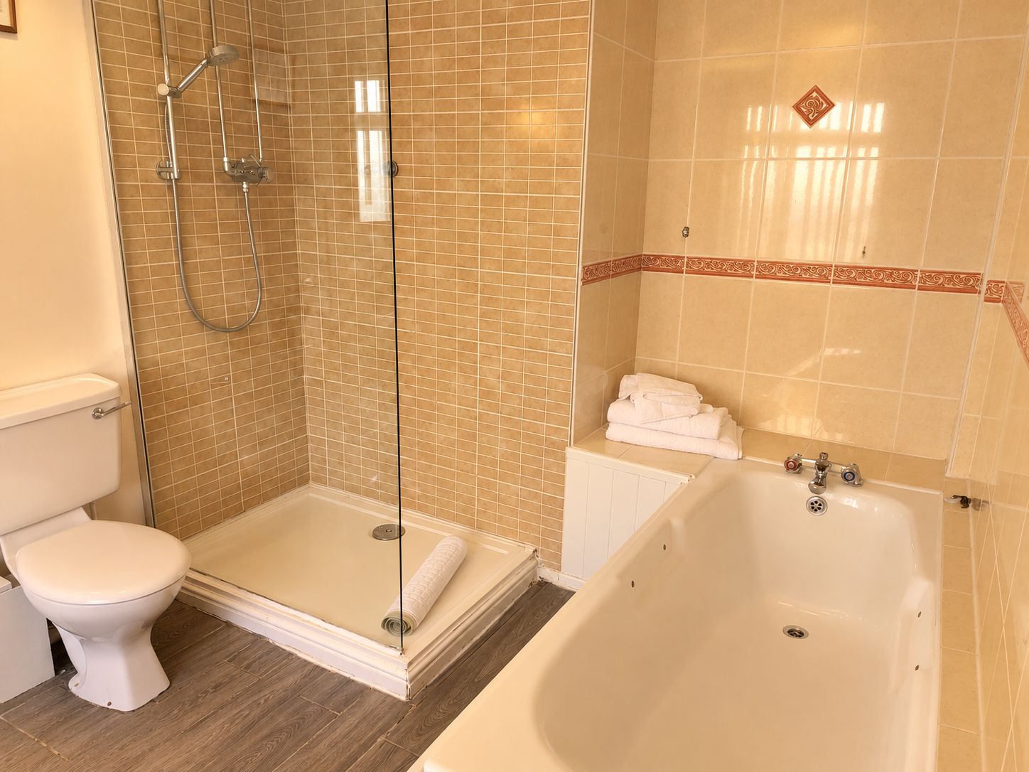 Une salle de bain avec douche, toilettes et baignoire.