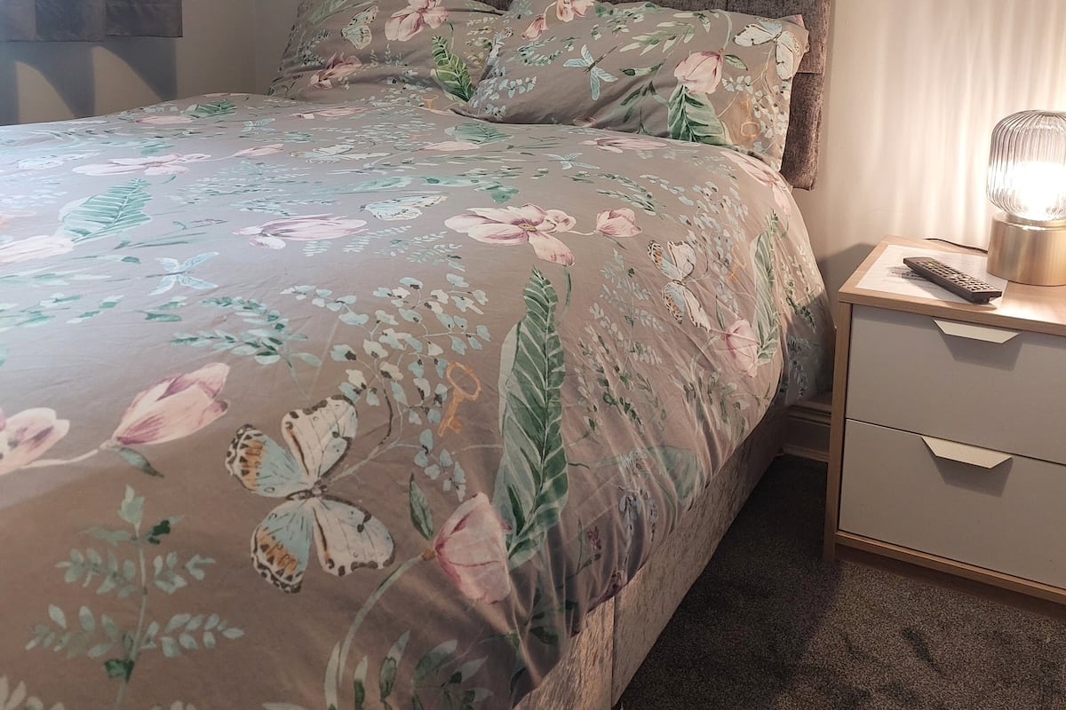 A bedroom with a bed, a nightstand, and a lamp.