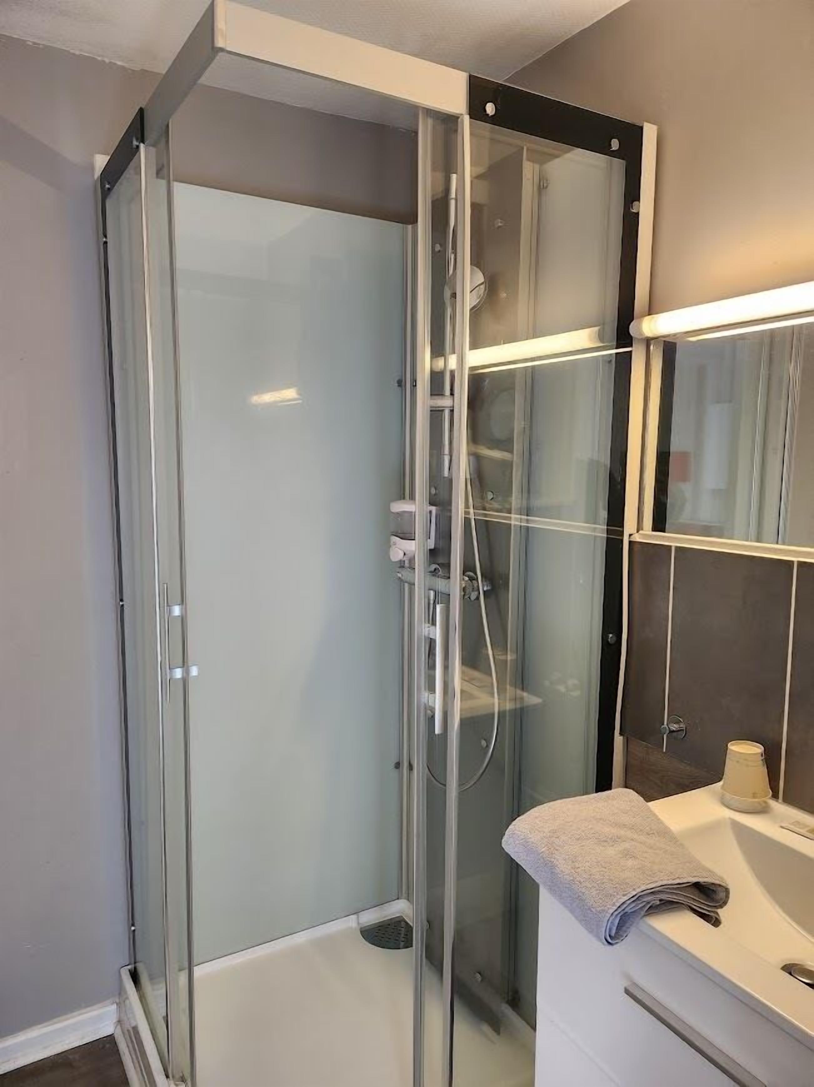 Hair dryer, bathrobes, towels, soap