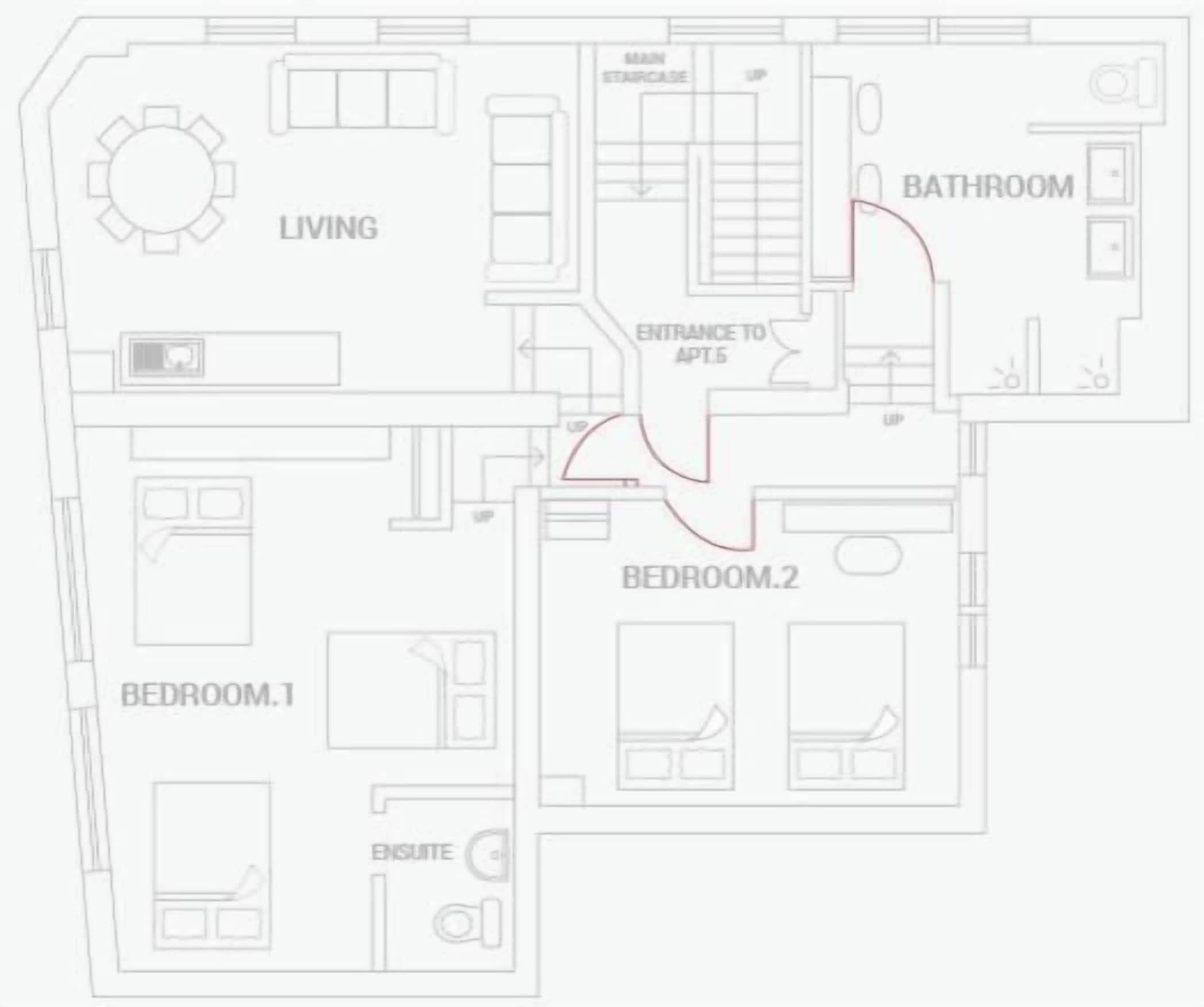 Plano de planta con habitaciones identificadas, que incluye sala de estar, dos dormitorios, un baño y entrada al apartamento.