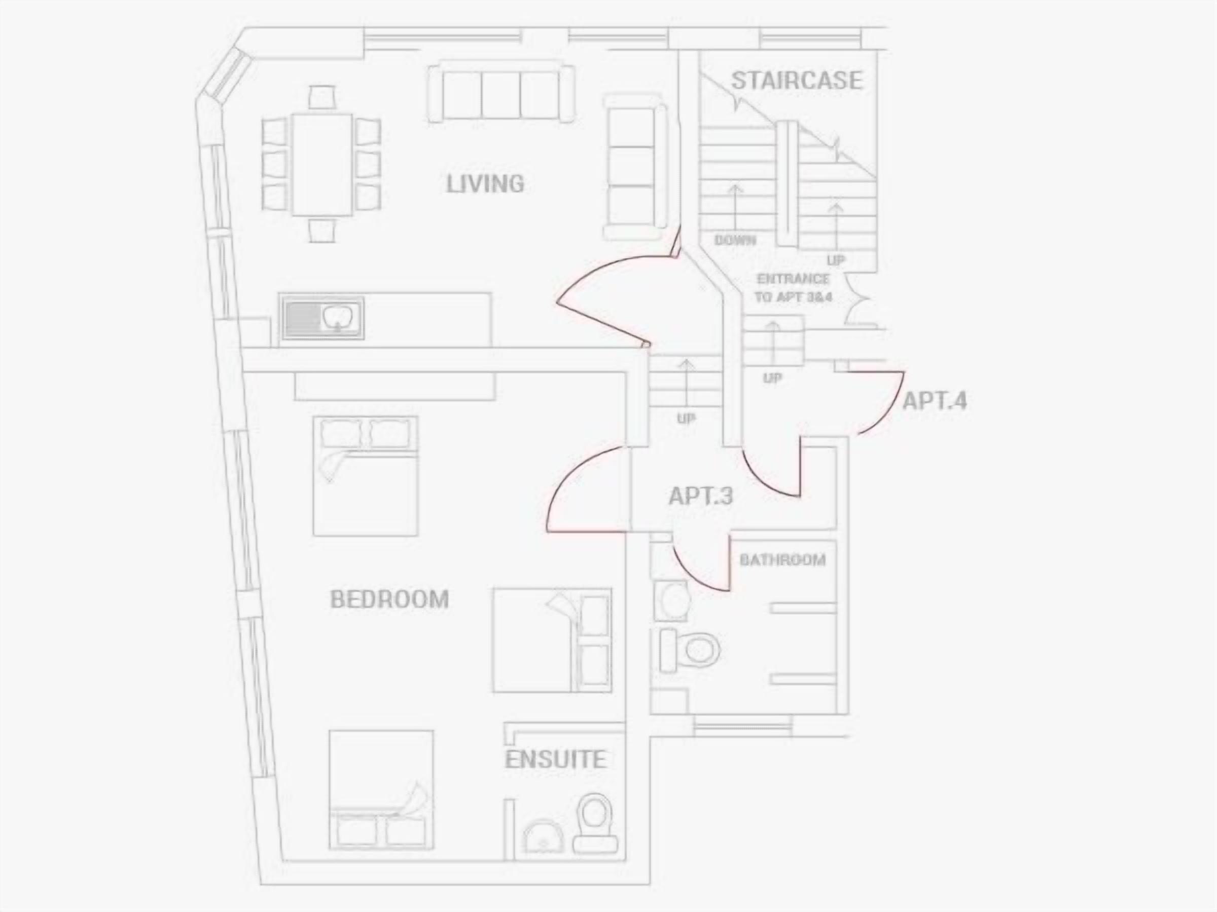 Plano de planta con habitaciones identificadas, incluyendo sala de estar, dormitorio, baño y suite.