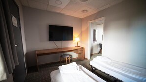 Una habitación de hotel con una cama individual, un escritorio con una silla, un televisor y un espejo.