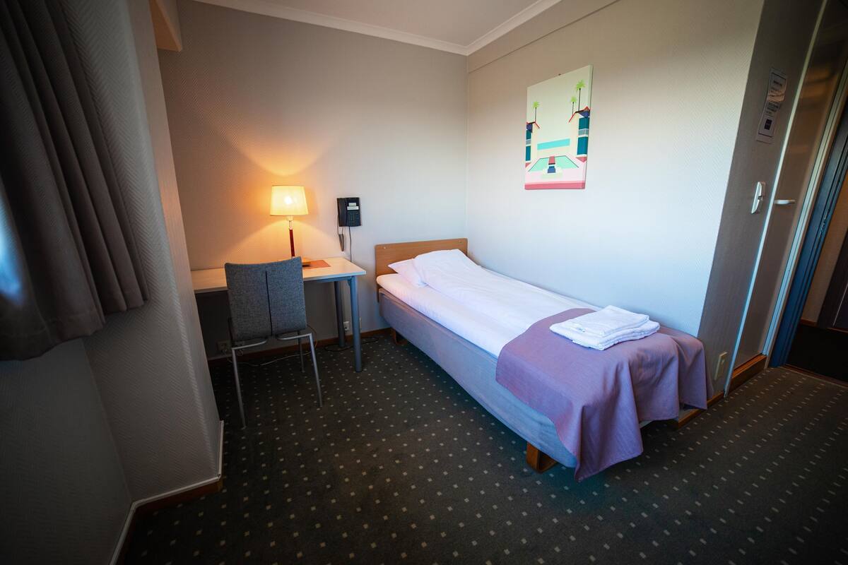Une chambre d’hôtel avec un lit simple, un bureau, une chaise et une lampe.