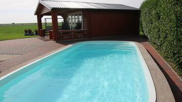 Seasonal outdoor pool, sun loungers