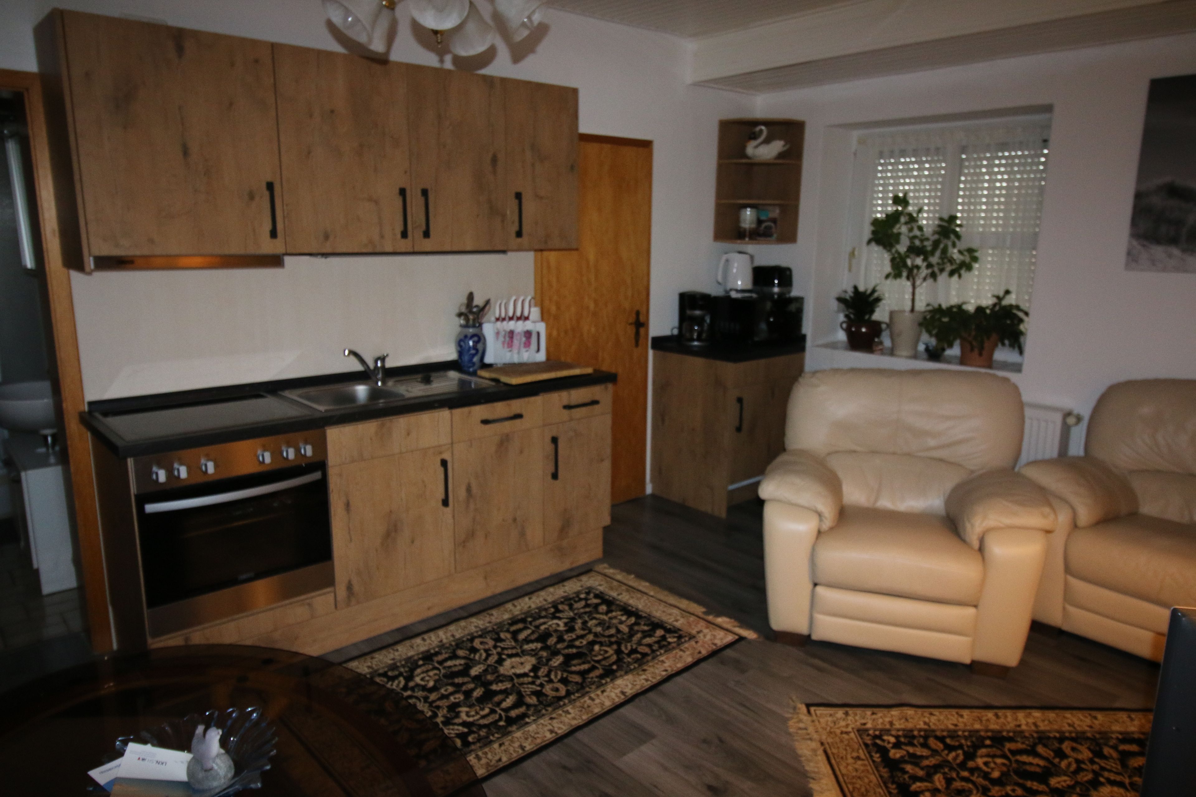 Un salon comprenant un canapé, une table basse et un coin cuisine avec des meubles de rangement en bois et une cuisinière.