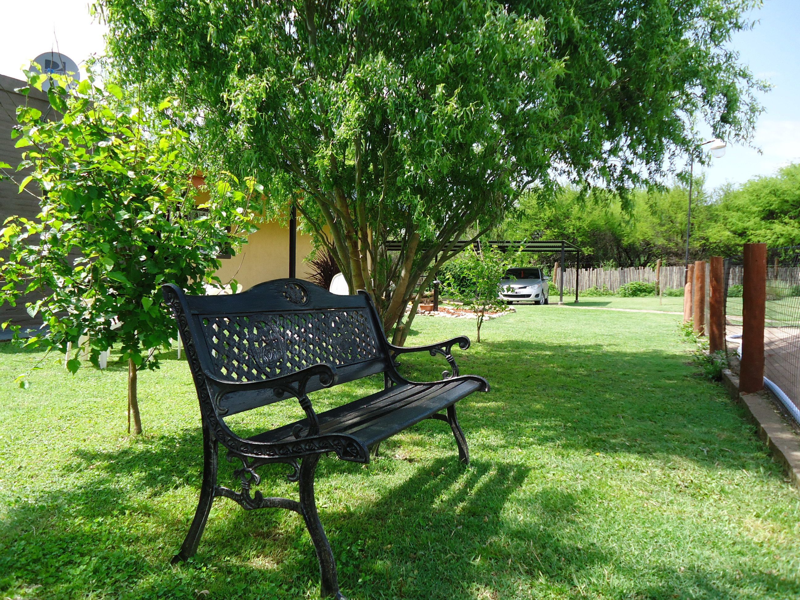 A black metal bench in a grassy area with a tree and a car in the background.