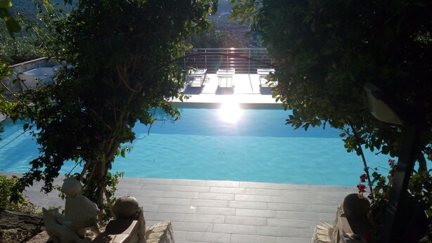 A pool area with stone steps leading down to the water, surrounded by trees and a railing. - independent villa, air-conditioned, ideal for couples (peschici)