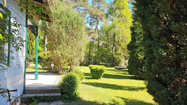 A well-maintained garden with a pathway leading to a building entrance, surrounded by lush greenery and trees. - Baltic Sea holiday home in a quiet location - only 200 m to the beach, dogs welcome, W-LAN  (Pobierowo)