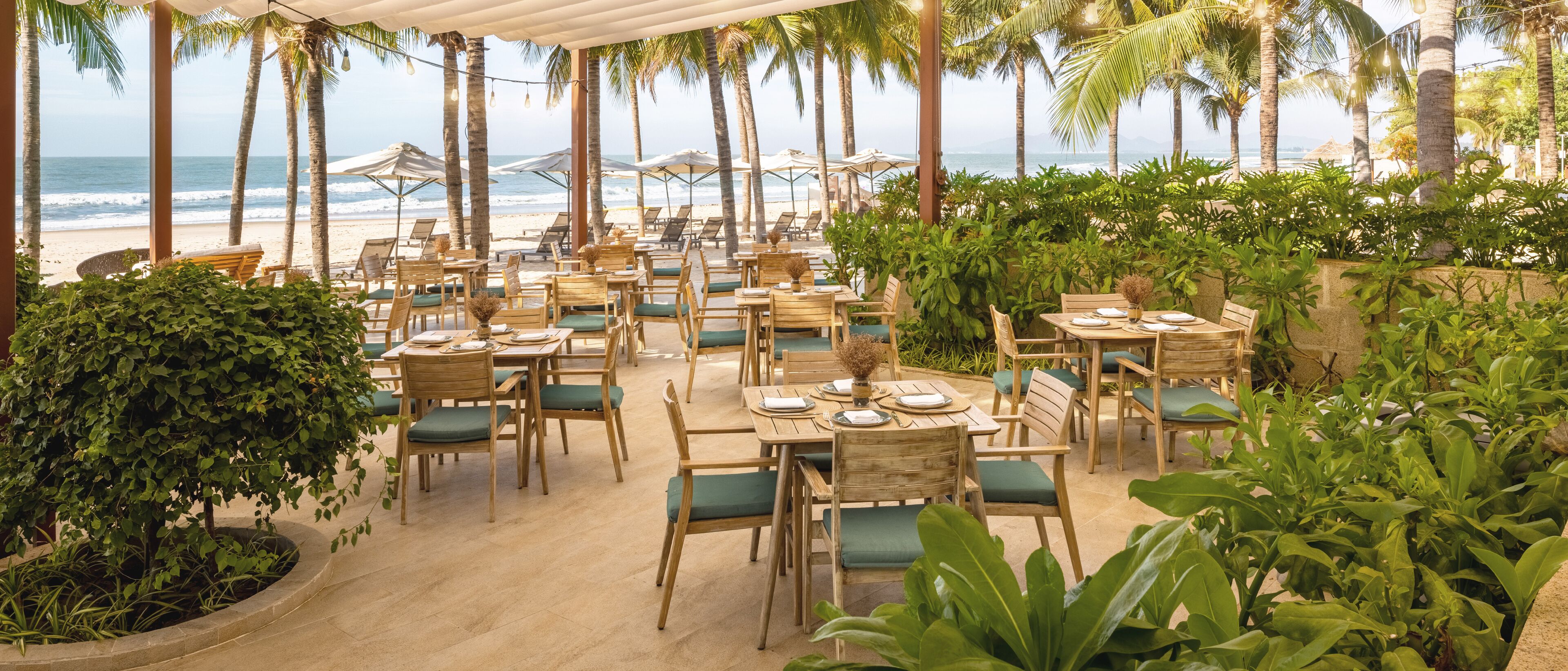 An outdoor dining area with wooden tables and chairs, surrounded by lush greenery and overlooking a beach.