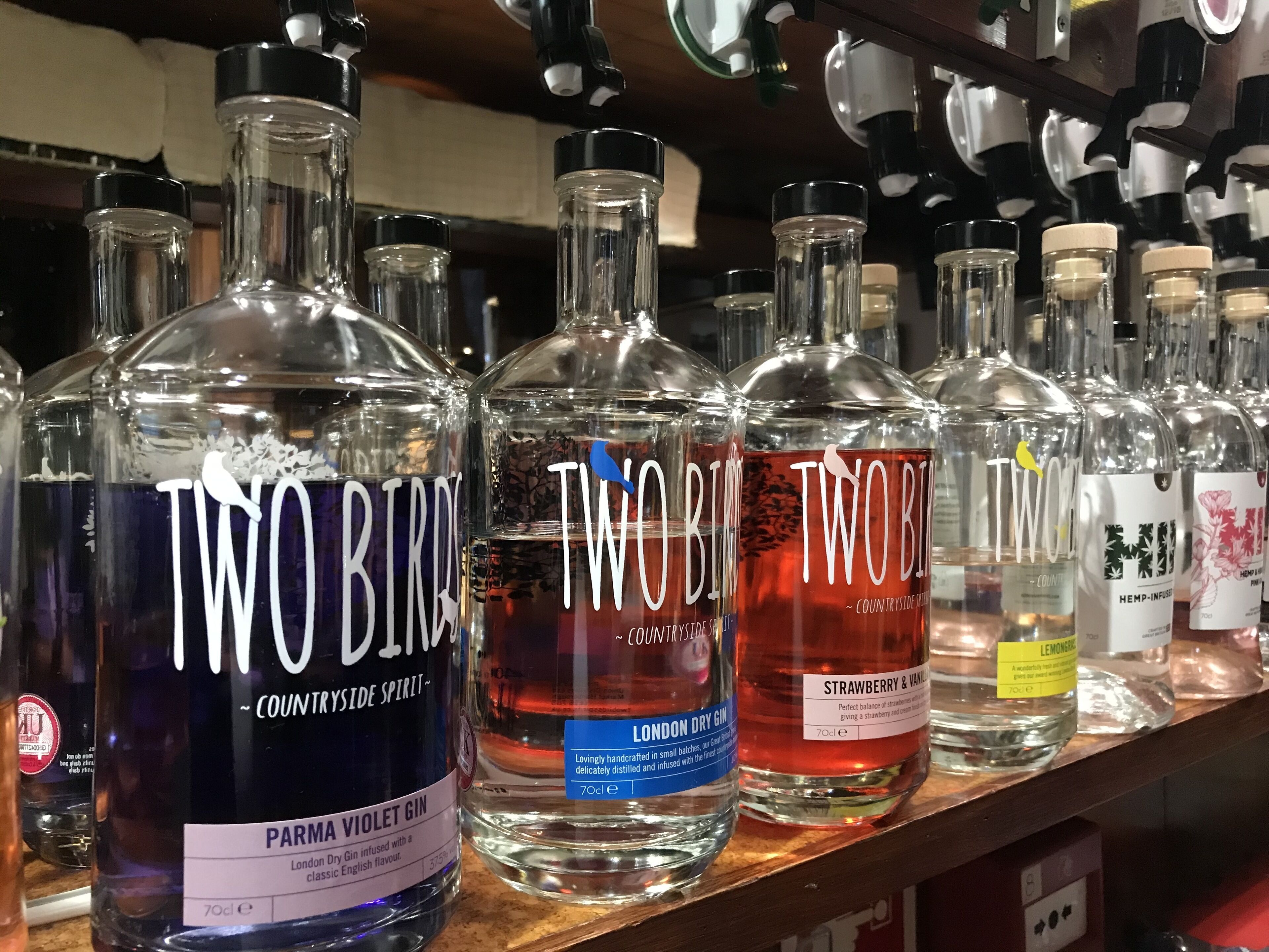 A variety of gin bottles on a shelf.