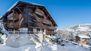A multi-story wooden chalet with balconies, set against a snowy mountain backdrop.