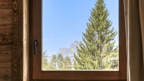 A window with a view of a mountain and coniferous trees. - Charming 1-bedroom near Megève slopes (Megève)