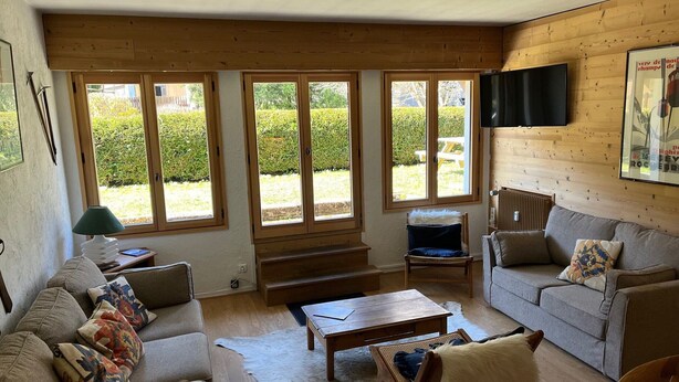 A cozy living room with a wooden ceiling, large windows, a grey sofa, a wooden coffee table, and a fluffy rug.