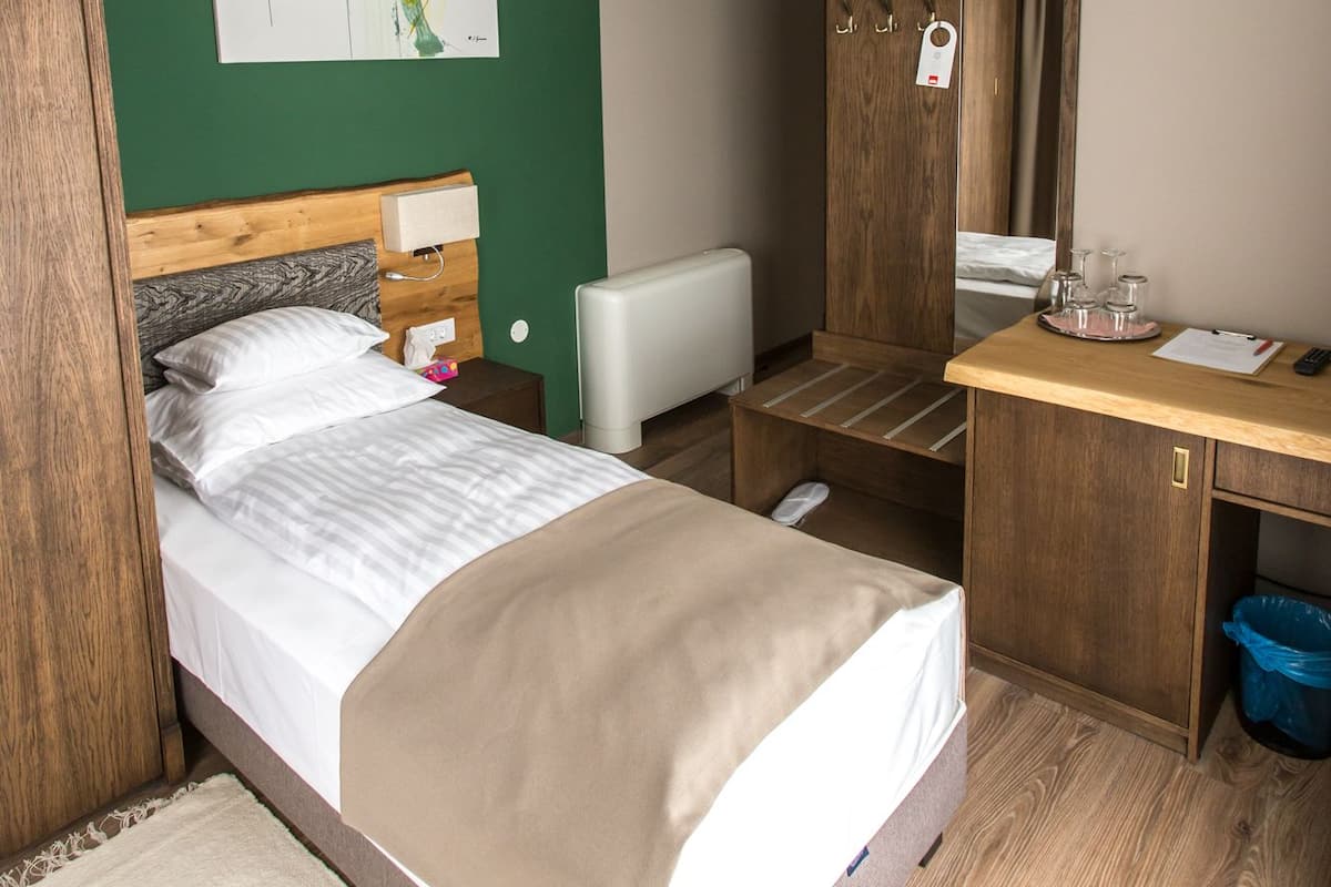 Hotelkamer met een bed, bureau, spiegel, radiator en een schilderij aan de muur.