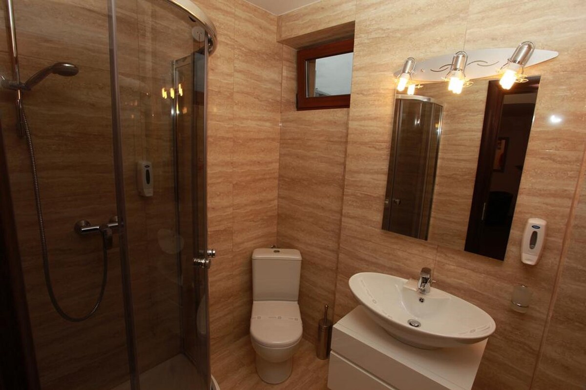 Ein Badezimmer mit Duschkabine, Toilette und Waschbecken mit Spiegel darüber.