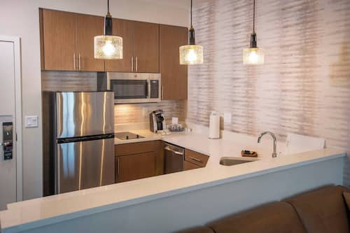 Full-sized fridge, microwave, stovetop, dishwasher