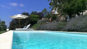 Outdoor pool, pool umbrellas, sun loungers