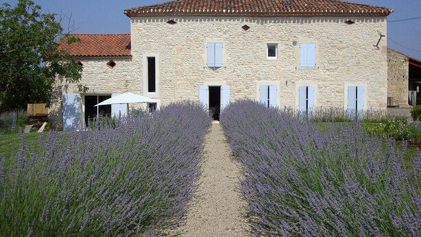 A stone building with a red-tiled roof, a gravel path leading to the entrance, and rows of lavender plants on either side. - La Bastide (Lamillarie)