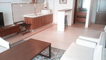 Uma sala de estar moderna com sofá, mesa de centro, TV, área de cozinha com pia e bancada, e um tapete estampado.