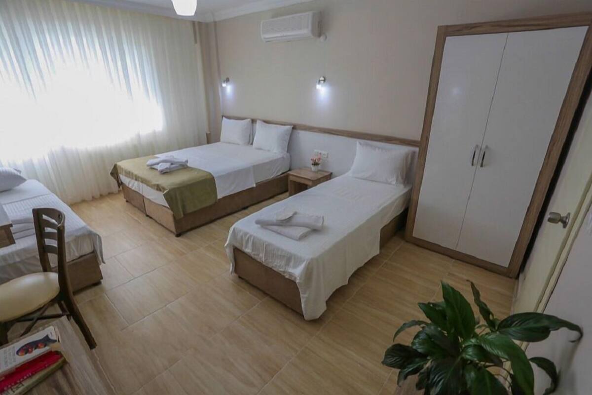 A hotel room with two single beds, a desk with a chair, a wardrobe, and a potted plant.
