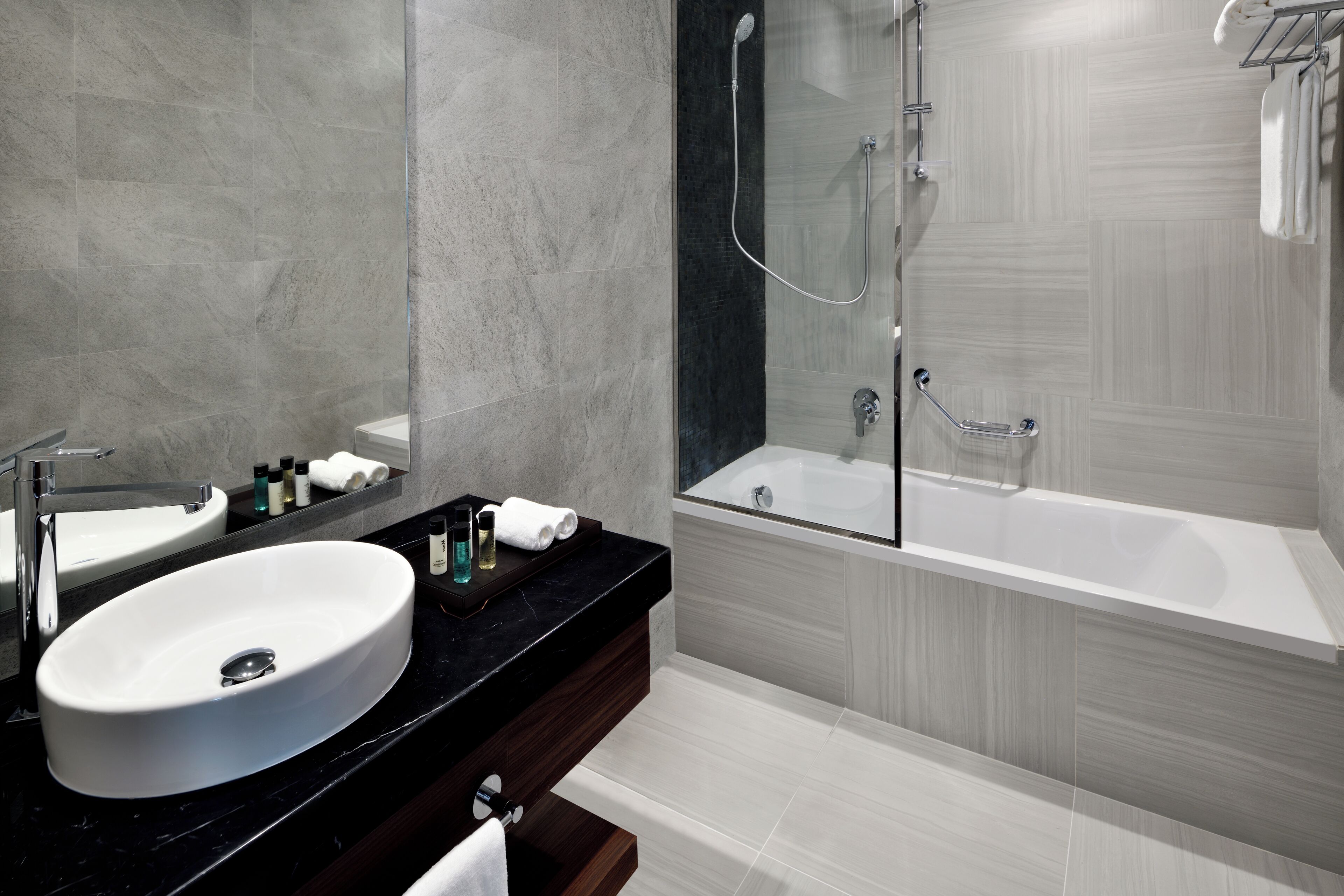 Rainfall showerhead, eco-friendly toiletries, hair dryer, bathrobes