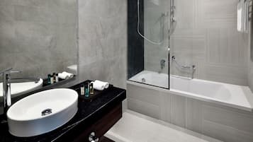 Rainfall showerhead, eco-friendly toiletries, hair dryer, bathrobes