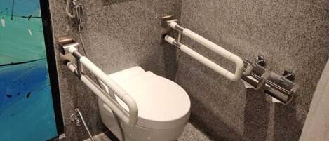 A modern bathroom with a toilet, grab bars, and a shower area.