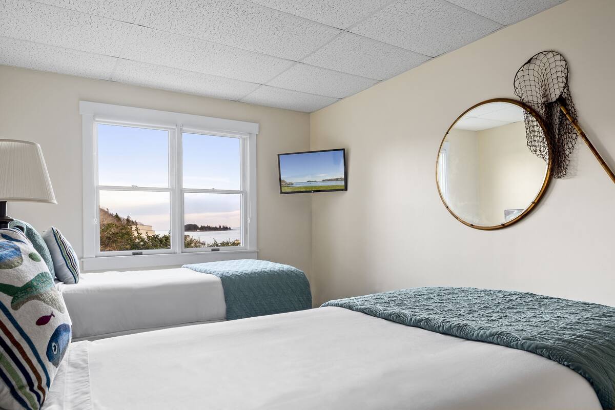 A bedroom with two beds, a television, a mirror, and a window with a view of a landscape.