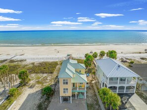 On the beach, sun-loungers, beach towels
