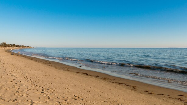 A wide sandy beach with gentle waves, a clear sky, and a distant shoreline with trees. - Best Deal in Carpinteria! (Carpinteria)