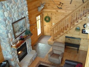 Smart TV, chimenea, reproductor de DVD y libros