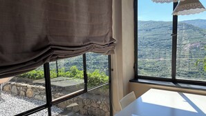 Ein Zimmer mit großem Fenster, einem Tisch mit Papieren und Blick auf eine gebirgige Landschaft.