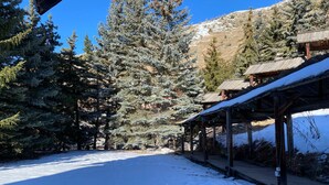 A snow-covered pathway leading to a wooden building with a covered porch. - LARGE chalet with garden in Molines-en-Queyras, sleeps 19, fully equipped. (Molines-En-Queyras)