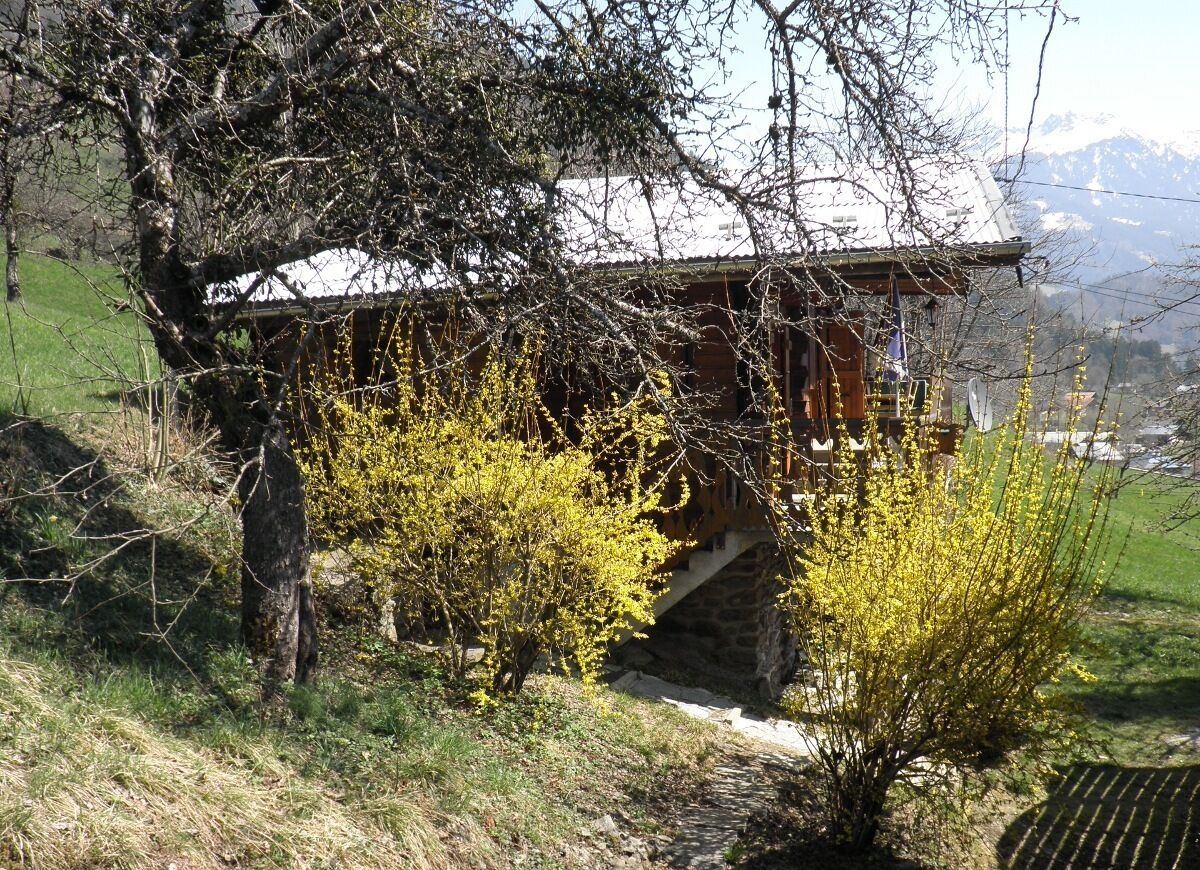Una cabaña rústica de madera con un puente de piedra, rodeada de exuberante vegetación y un paisaje montañoso.