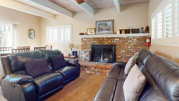 TV, fireplace, DVD player, books