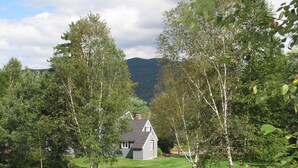 Ein Haus mit geneigtem Dach, umgeben von Bäumen und einem Teich.