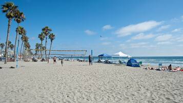 A beach with palm trees, a volleyball net, tents, and beachgoers.