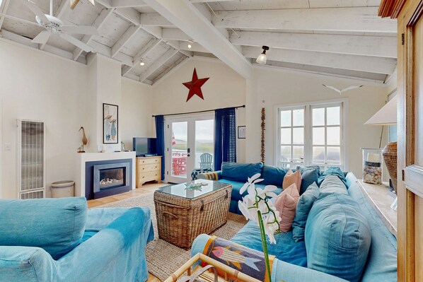 TV, fireplace, DVD player, books