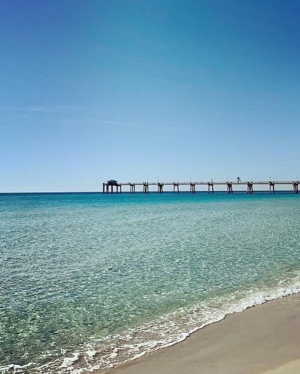 On the beach, sun loungers