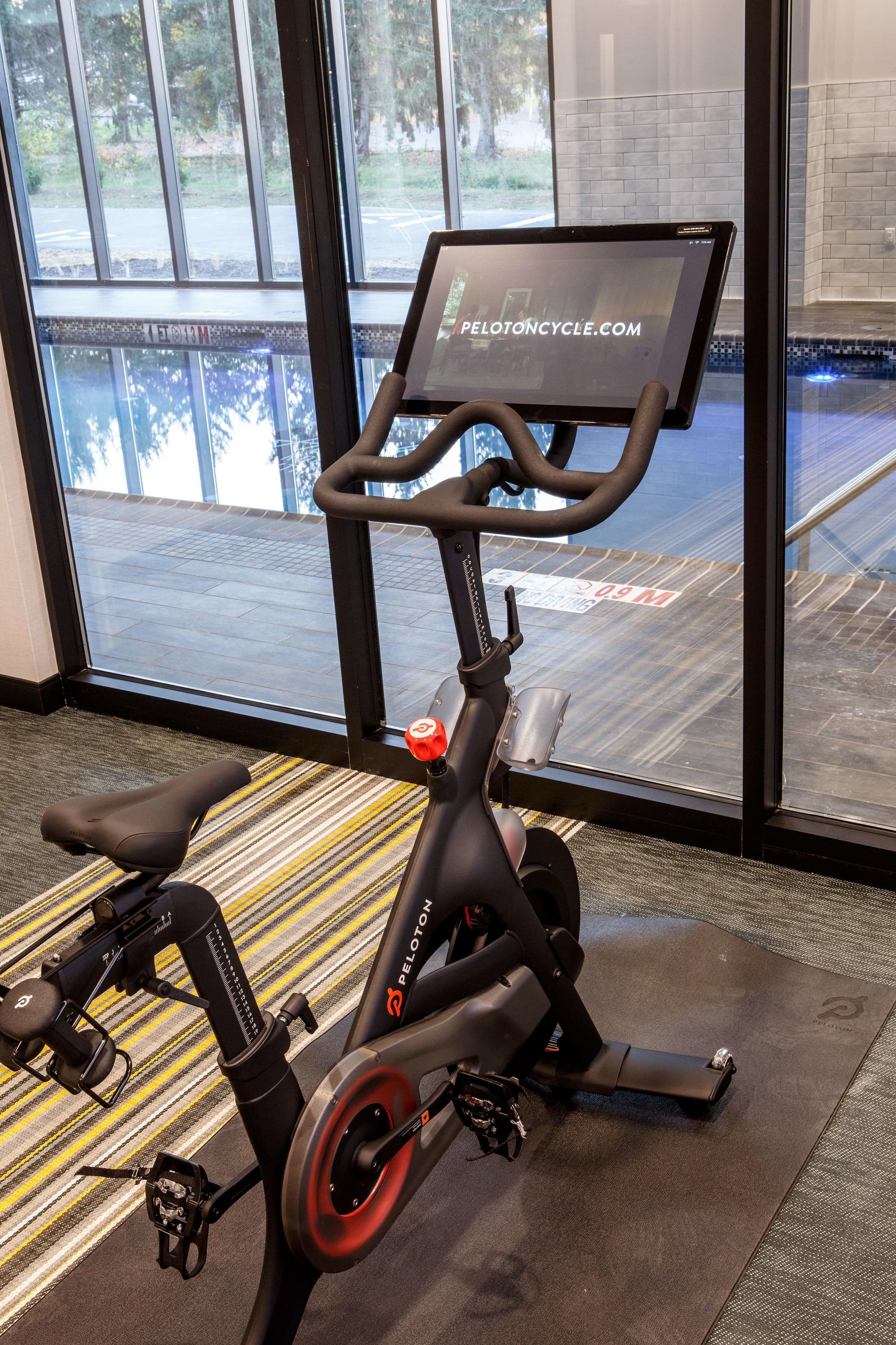 An indoor exercise bike with a digital screen, positioned in front of a large window with a view of a wooden deck.