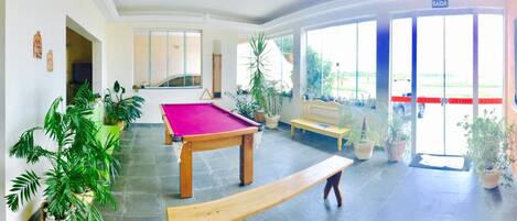 A billiards table, a sofa, and several potted plants in a well-lit room with large windows.