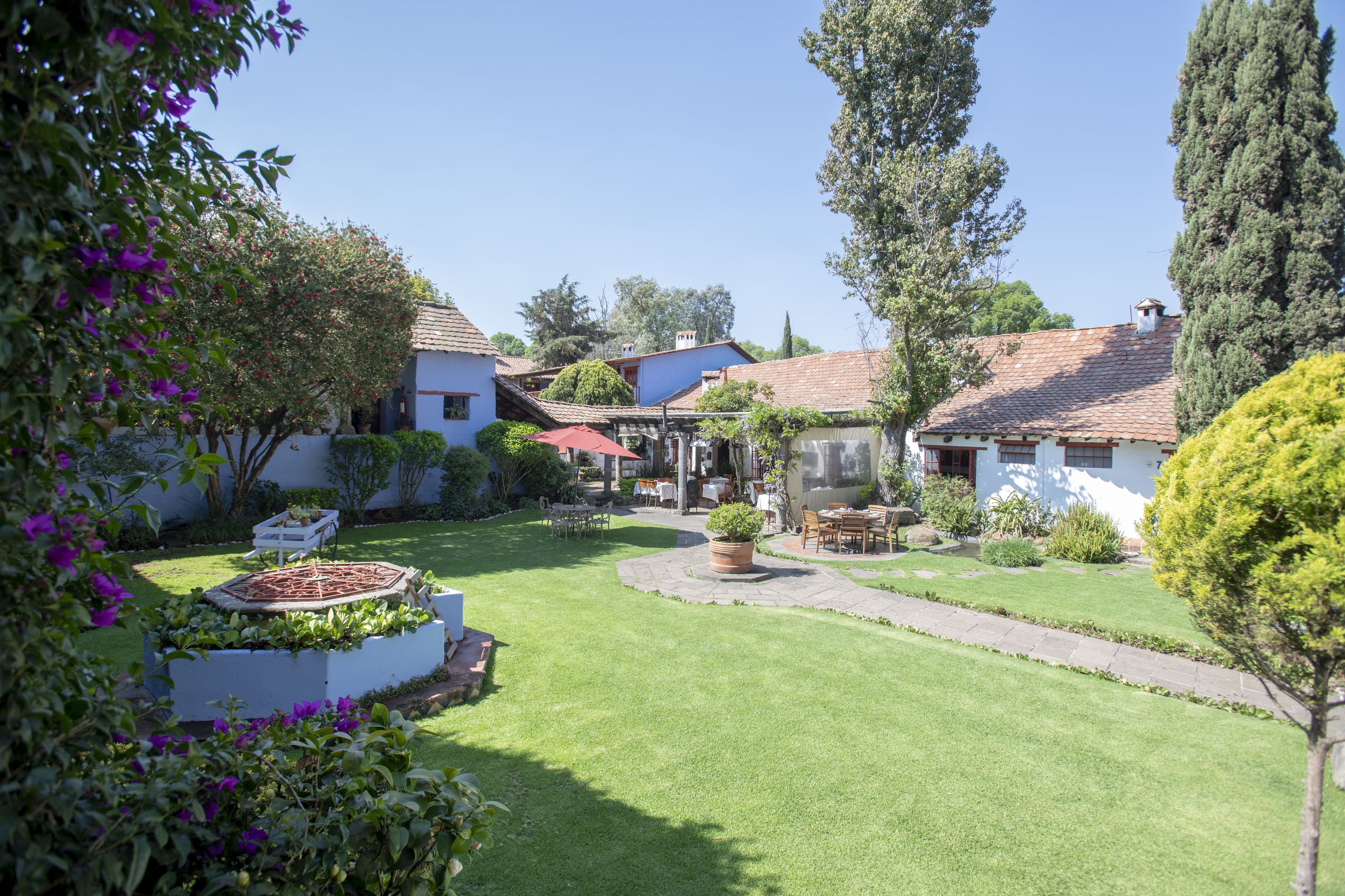 A well-maintained garden with a lawn, potted plants, and outdoor furniture.