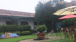 A well-maintained garden with a paved pathway, a large umbrella, and a house with a tiled roof.