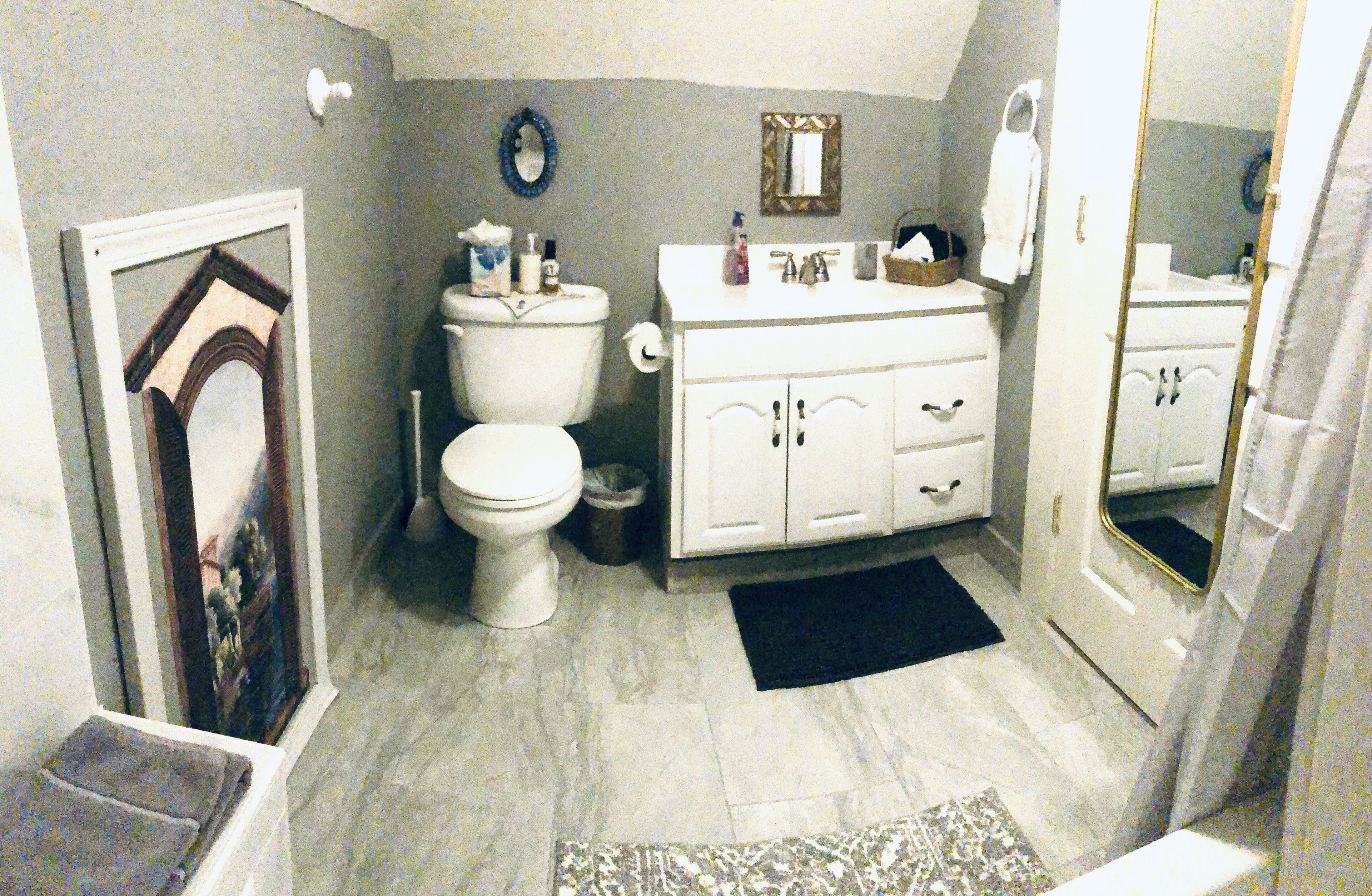 A bathroom with a toilet, sink, and mirror. There is a picture frame on the wall and a rug on the floor.