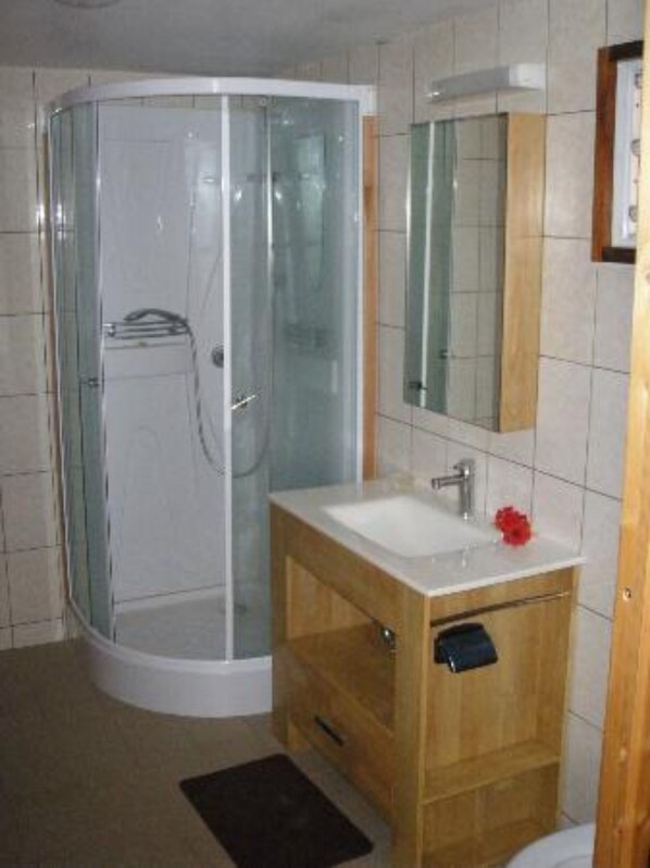 Un baño con ducha de vidrio, tocador de madera con lavamanos y espejo.